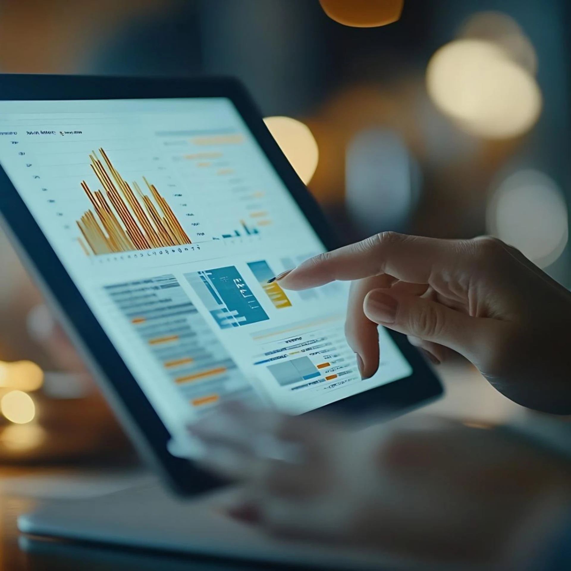 A close-up of a person interacting with a tablet displaying data visualizations, including bar charts and graphs. The background is softly blurred with warm ambient lighting, creating a professional and modern atmosphere.