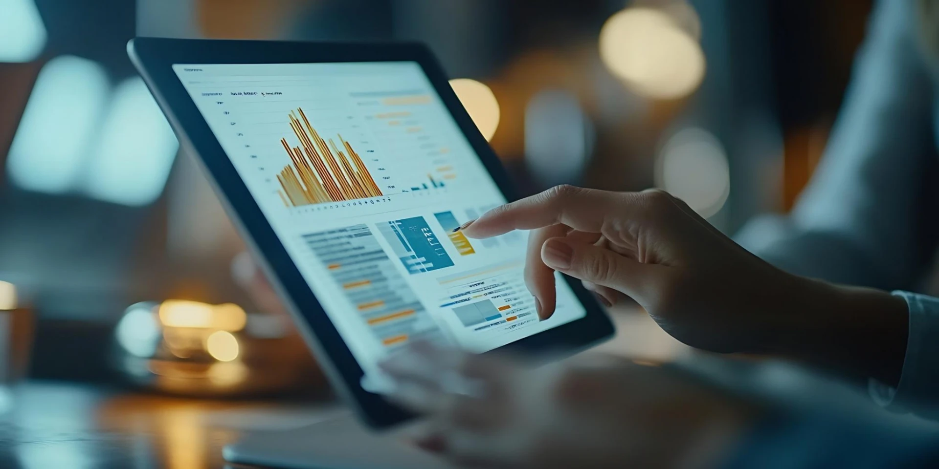 A close-up of a person interacting with a tablet displaying data visualizations, including bar charts and graphs. The background is softly blurred with warm ambient lighting, creating a professional and modern atmosphere.